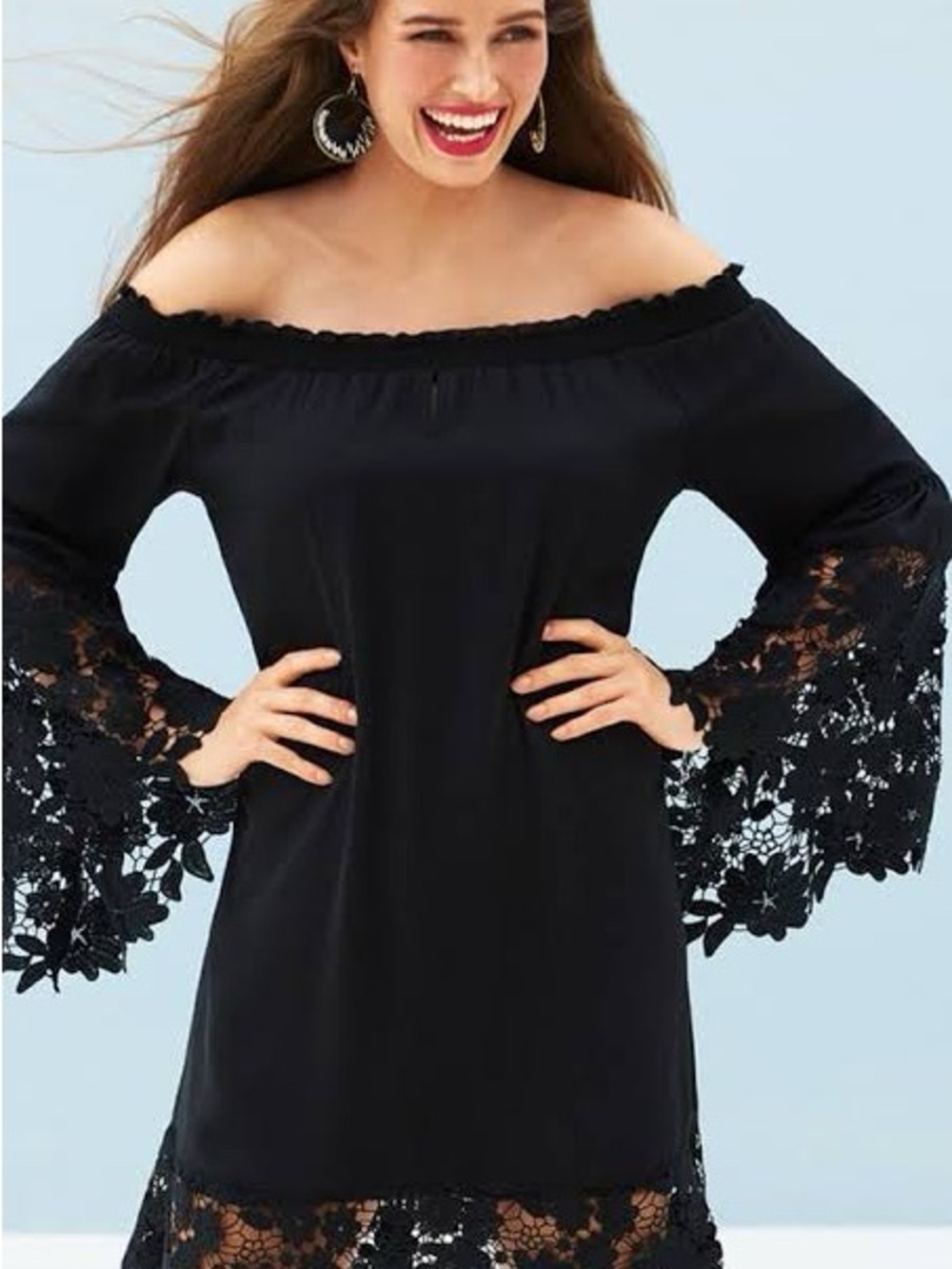 Joseph Ribkoff Black off Shoulder Lace Bell-Sleeve Dress